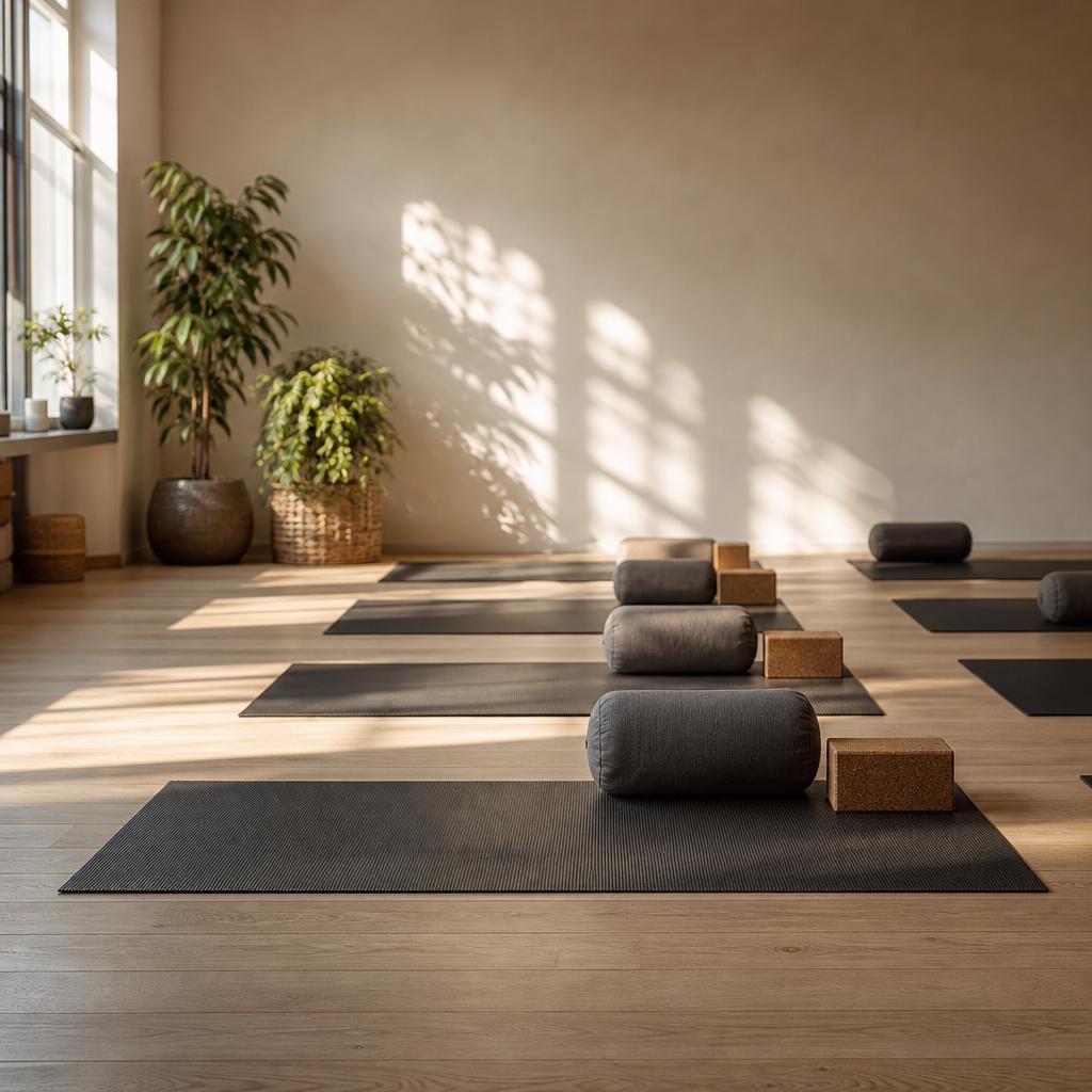 Rolled yoga mats beside timber flooring