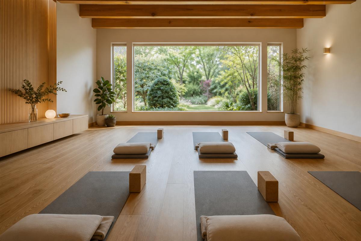 Open yoga room with props stacked beside timber flooring